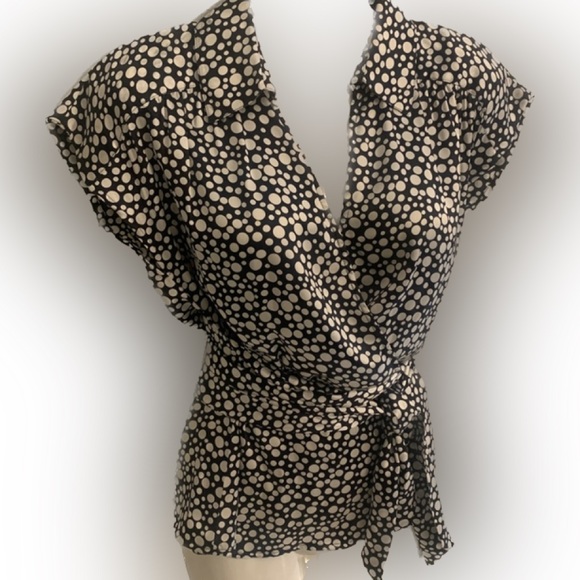 Doncaster Tops - Doncaster Wrap Top Silk Navy Blue White Polka Dot Belt Sash Career XS 2 Stretch